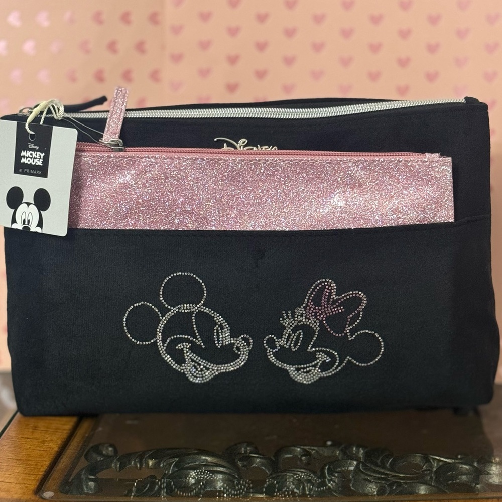 Disney Mickey and Minnie Rhinestone Makeup Cosmetics Bag set of 2